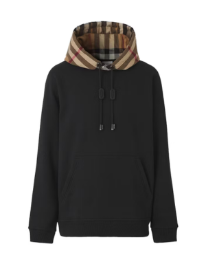 Burberry Check Hood Cotton Blend Hooded Sweatshirt Black Beige