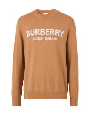 Burberry Logo Intarsia Wool Blend Sweater Camel/White