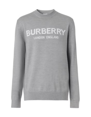 Burberry Logo Intarsia Wool Blend Sweater Grey Melange/White